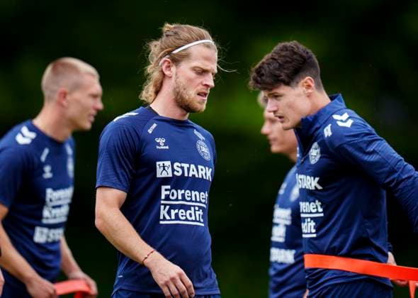Mathias Jensen, Rasmus Nissen Kristensen and Christian Noergaard during the national team s training in Freudenstadt, Monday, June 17, 2024 Photo Liselotte Sabroe Ritzau Scanpix , Stuttgart Germany  Copyright: Ritzau Scanpix LiselottexSabroex spdk20240617-135706-L