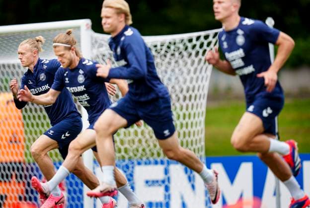 Simon Kjaer, Mathias Jensen, Kasper Dolberg and Rasmus Nissen Kristensen seen from left during the national team s training in Freudenstadt, Monday, June 17, 2024 Photo Liselotte Sabroe Ritzau Scanpix , Stuttgart Germany  Copyright: Ritzau Scanpix LiselottexSabroex spdk20240617-140113-L