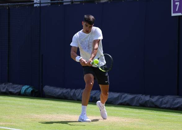 17th June 2024; Cinch Championships, Queens Club, West Kensington, London, England: Cinch Championships Queens Club, Day 1; Carlos Alcaraz (ESP) practising on court 7  ActionPlus12655613 JohnxPatrickxFletcher