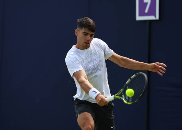 17th June 2024; Cinch Championships, Queens Club, West Kensington, London, England: Cinch Championships Queens Club, Day 1; Carlos Alcaraz (ESP) practising on court 7  ActionPlus12655614 JohnxPatrickxFletcher