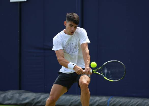 17th June 2024; Cinch Championships, Queens Club, West Kensington, London, England: Cinch Championships Queens Club, Day 1; Carlos Alcaraz (ESP) practising on court 7  ActionPlus12655615 JohnxPatrickxFletcher