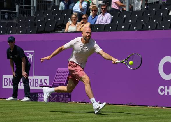 17th June 2024; Cinch Championships, Queens Club, West Kensington, London, England: Cinch Championships Queens Club, Day 1; Adrian Mannarino (FRA) with a forehand shot to Grigor Dimitrov (BUL) mens singles  ActionPlus12655618 JohnxPatrickxFletcher