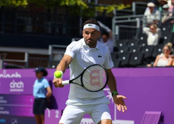 17th June 2024; Cinch Championships, Queens Club, West Kensington, London, England: Cinch Championships Queens Club, Day 1; Grigor Dimitrov (BUL) with a backhand shot to Adrian Mannarino (FRA) mens singles  ActionPlus12655624 JohnxPatrickxFletcher