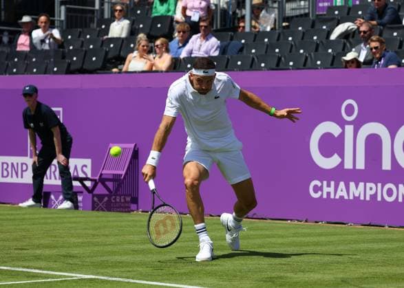 17th June 2024; Cinch Championships, Queens Club, West Kensington, London, England: Cinch Championships Queens Club, Day 1; Grigor Dimitrov (BUL) with a forehand shot to Adrian Mannarino (FRA) mens singles  ActionPlus12655627 JohnxPatrickxFletcher