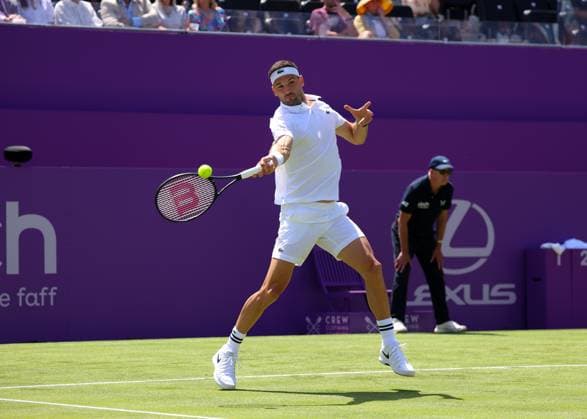 17th June 2024; Cinch Championships, Queens Club, West Kensington, London, England: Cinch Championships Queens Club, Day 1; Grigor Dimitrov (BUL) with a forehand shot to Adrian Mannarino (FRA) mens singles  ActionPlus12655629 JohnxPatrickxFletcher