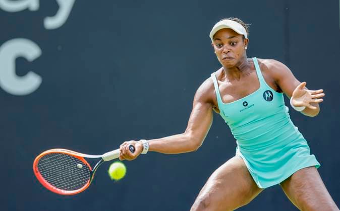 17th June 2024; Edgbaston Priory Club, Birmingham, England: Rothesay Tennis Classic Birmingham, Day 1; Sloane Stephens (USA) forehand in her womens singles match against Yue Yuan (CHN)  ActionPlus12655643 RogerxEvans