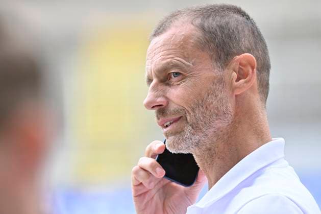 GER, UEFA European Championship 2024, Slovenian Base Camp Wuppertal 17 06 2023,Wuppertal ,Stadion am Zoo, GER, UEFA European Championship 2024, Slovenian Base Camp Wuppertal in the picture UEFA President Aleksander Ceferin Slovenia on the phone NordphotoxGmbHx xFreund nph00018