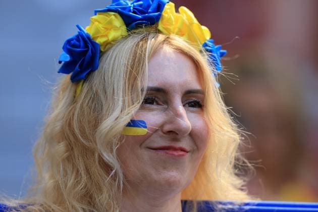 17th June 2024; Munich Football Arena, Munich, Germany; Euro 2024 Group E Football, Romania versus Ukraine; Ukraine fan in team coloured headdress  ActionPlus12655674 PierrexTeyssot