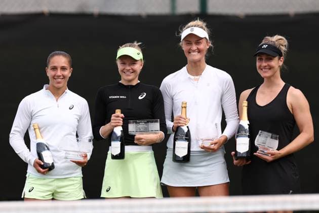 16th June 2024; Lexus Nottingham Tennis Centre, Nottingham, England; Rothesay Nottingham Open, Day 7; Women& x2019;s doubles final winners Gabriela Dabrowski and Erin Routliffe with runners up Harriet Dart and Diane Parry  ActionPlus12655718 ShaunxBrooks