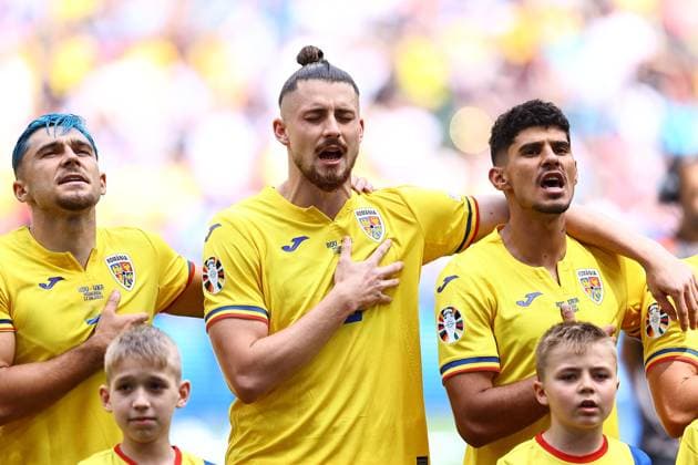 Andrei Raiu of Romania, Radu Dragusin of Romania and Florinel Coman of Romania sing the national anthem Romania v Ukraine, UEFA European Championship, EM, Europameisterschaft 2024, Group E, Football, Munich Football Arena, Munich, Germany, 17 Jun 2024 EDITORIAL USE ONLY No use with unauthorised audio, video, data, fixture lists, club league logos or live services. Online in-match use limited to 120 images, no video emulation. No use in betting, games or single club league player publications. Copyright: xMichaelxZemanek Shutterstockx 14539636p