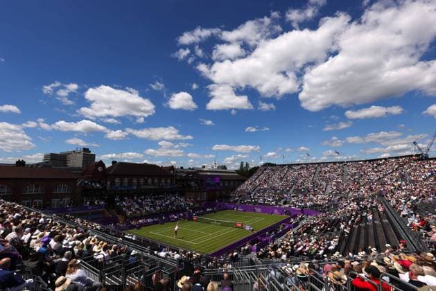 17th June 2024; Cinch Championships, Queens Club, West Kensington, London, England: Cinch Championships Queens Club, Day 1; Adrian Mannarino (FRA ) serves to Grigor Dimitrov (BUL) inside Queens Club , mens singles match  ActionPlus12655724 JohnxPatrickxFletcher