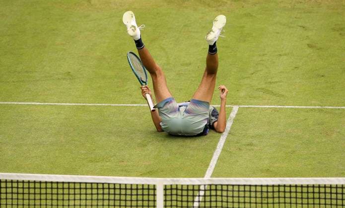 photo Lorenzo SONEGO ITA falls after a cross court attack ball Tennis Tournament Terra Wortmann Cup at Gerry Weber Sportpark OWL Arena in Halle Westfalen Mo 17 06 2024