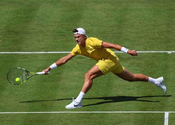 17th June 2024; Cinch Championships, Queens Club, West Kensington, London, England: Cinch Championships Queens Club, Day 1; Holger Rune (DEN) with a forehand shot to Jordan Thompson (AUS) , mens singles match  ActionPlus12655727 JohnxPatrickxFletcher