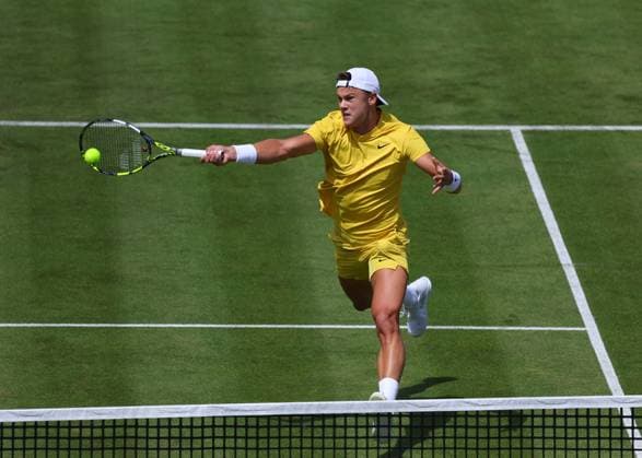 17th June 2024; Cinch Championships, Queens Club, West Kensington, London, England: Cinch Championships Queens Club, Day 1; Holger Rune (DEN) with a forehand shot to Jordan Thompson (AUS) , mens singles match  ActionPlus12655738 JohnxPatrickxFletcher