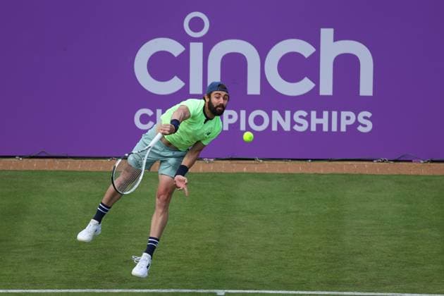 17th June 2024; Cinch Championships, Queens Club, West Kensington, London, England: Cinch Championships Queens Club, Day 1; Jordan Thompson (AUS) serves to Holger Rune (DEN) , mens singles match  ActionPlus12655745 JohnxPatrickxFletcher