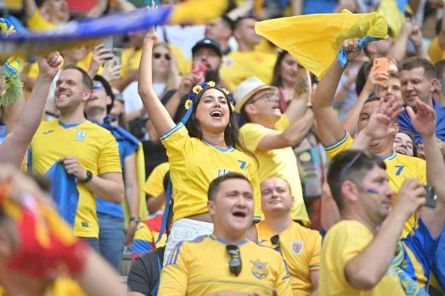 Picture shows fans of Ukraine, 17 06 2024, Munich, Football, European Championship, Romania Ukraine, EVENT REGULATIONS PROHIBIT ANY USE OF PHOTOGRAPHS AS IMAGE SEQUENCES AND OR QUASI VIDEO xklx