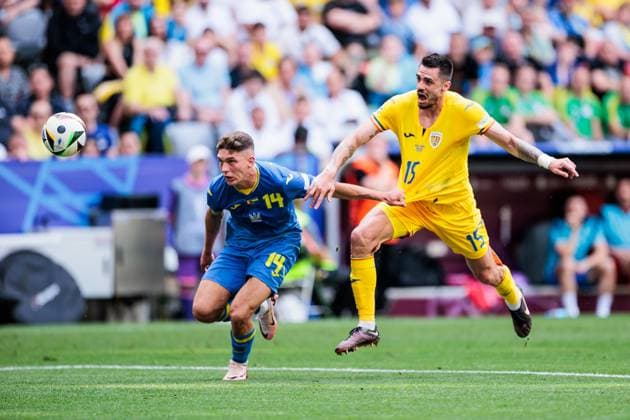 UEFA EURO 2024 Romania Ukraine 17 06 2024 duel Georgiy Sudakov Ukraine, 14 , Andonie Andrei Burca Romania, 15 UEFA EURO 2024 Romania Ukraine Munich Football Arena, Munich on 17 06 2024 Copyright: xBEAUTIFULxSPORTS Wunderlx
