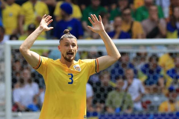 17th June 2024; Munich Football Arena, Munich, Germany; Euro 2024 Group E Football, Romania versus Ukraine; Radu Dragusin (rom) appeals to the referee  ActionPlus12655758 PierrexTeyssot