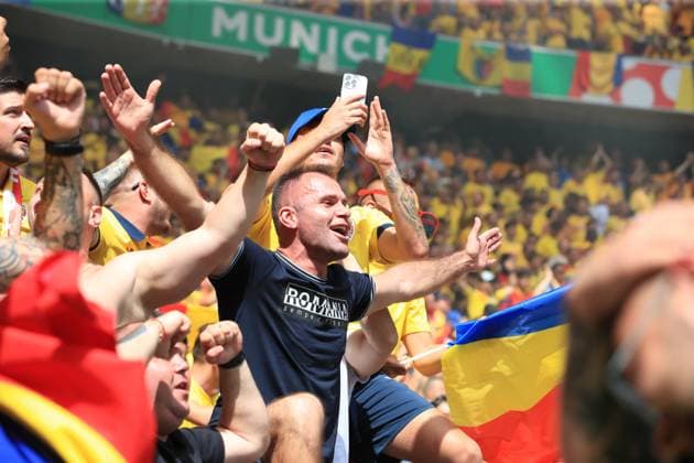 17th June 2024; Munich Football Arena, Munich, Germany; Euro 2024 Group E Football, Romania versus Ukraine; Romania s fans celebrate going ahead in the match  ActionPlus12655765 PierrexTeyssot