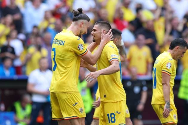 Goal celebration by Radu DraguÈ™in 3 Romaenia , Razvan Marin 18 Romaenia to 2 0, Romania vs Ukraine Football, UEFA Euro 2024, Group stage, Matchday 1, 17 06 2024 Munich Bavaria Germany Copyright: xkolbert-press ChristianxKolbertx