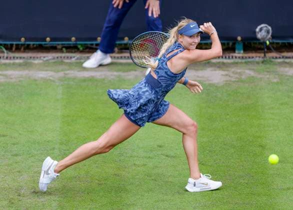 17th June 2024; Edgbaston Priory Club, Birmingham, England: Rothesay Tennis Classic Birmingham, Day 1; nastasia Potapova running backhand in her womens singles match against Elina Avanesyan  ActionPlus12655805 RogerxEvans