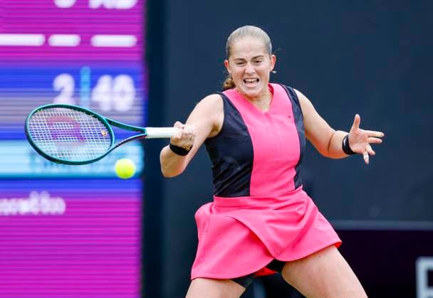 17th June 2024; Edgbaston Priory Club, Birmingham, England: Rothesay Tennis Classic Birmingham, Day 1; Jelena Ostapenko (LAT) forehand in her womens singles match against Elizabetta Cocciaretto (ITA)  ActionPlus12655781 RogerxEvans