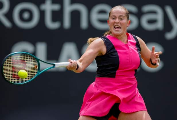 17th June 2024; Edgbaston Priory Club, Birmingham, England: Rothesay Tennis Classic Birmingham, Day 1; Jelena Ostapenko (LAT) forehand in her womens singles match against Elizabetta Cocciaretto (ITA)  ActionPlus12655783 RogerxEvans
