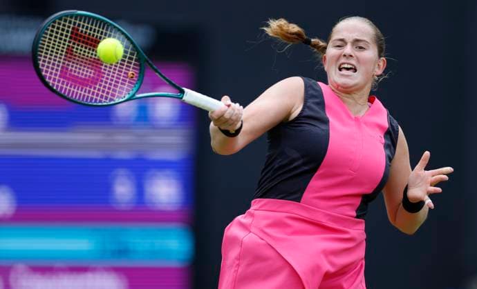 17th June 2024; Edgbaston Priory Club, Birmingham, England: Rothesay Tennis Classic Birmingham, Day 1; Jelena Ostapenko (LAT) forehand in her womens singles match against Elizabetta Cocciaretto (ITA)  ActionPlus12655785 RogerxEvans