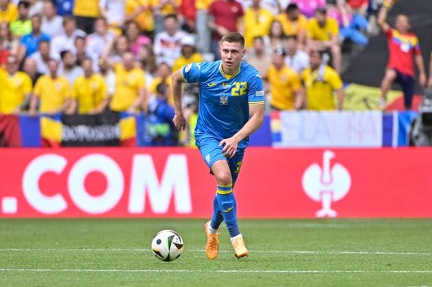 Picture shows Matviyenko 22, Ukraine with ball on foot, 17 06 2024, Munich, Soccer, European Championship, Romania Ukraine, EVENT REGULATIONS PROHIBIT ANY USE OF PHOTOGRAPHS AS IMAGE SEQUENCES AND OR QUASI VIDEO xklx