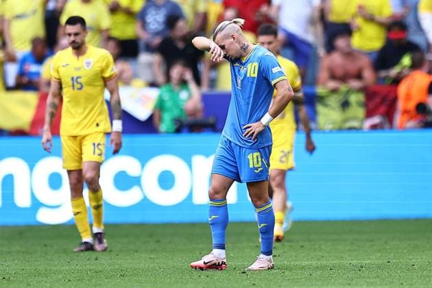 Mykhaylo Mudryk of Ukraine reacts after Romania score their third goal Romania v Ukraine, UEFA European Championship, EM, Europameisterschaft 2024, Group E, Football, Munich Football Arena, Munich, Germany, 17 Jun 2024 EDITORIAL USE ONLY No use with unauthorised audio, video, data, fixture lists, club league logos or live services. Online in-match use limited to 120 images, no video emulation. No use in betting, games or single club league player publications. Copyright: xMichaelxZemanek Shutterstockx 14539636ax