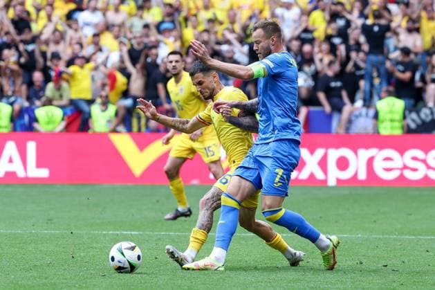 in duel, action, with Marius Marin 6 Romaenien , Andriy Yarmolenko 7 Ukarine , Romania vs Ukraine Football, UEFA Euro 2024, Group stage, Matchday 1, 17 06 2024 Munich Bavaria Germany Copyright: xkolbert-press ChristianxKolbertx