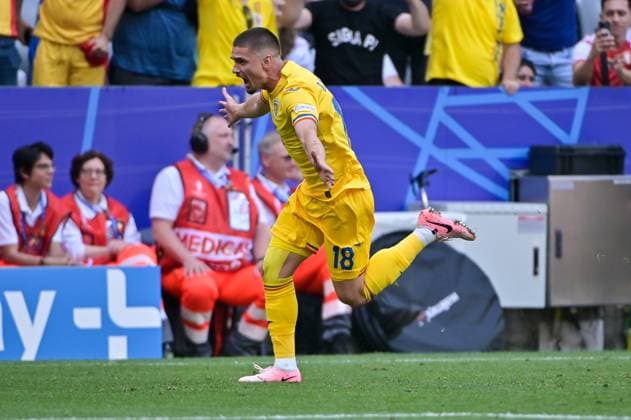 Picture shows goal celebration Romania, R Marin 18, Romania , 17 06 2024, Munich, Soccer, European Championship, Romania Ukraine, EVENT REGULATIONS PROHIBIT ANY USE OF PHOTOGRAPHS AS IMAGE SEQUENCES AND OR QUASI VIDEO xklx