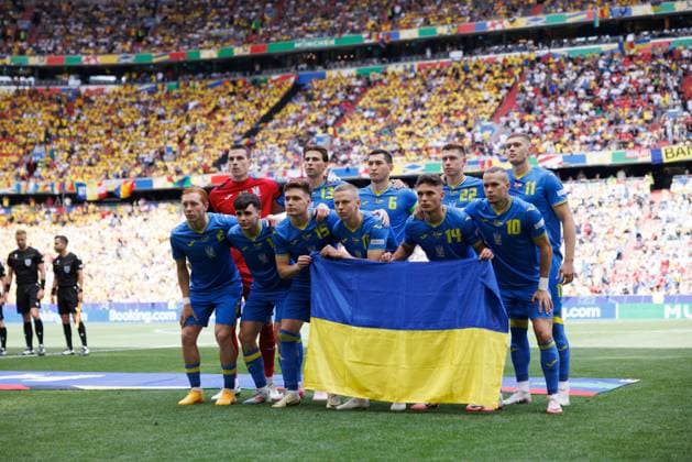 Team of Ukraine during UEFA EURO, EM, Europameisterschaft,Fussball 2024 game between national teams of Romania and Ukraine at Allianz Arena, Munich, Germany (Maciej Rogowski) Munich Allianz Arena Germany Copyright: xMaciejxRogowskix romukr-1