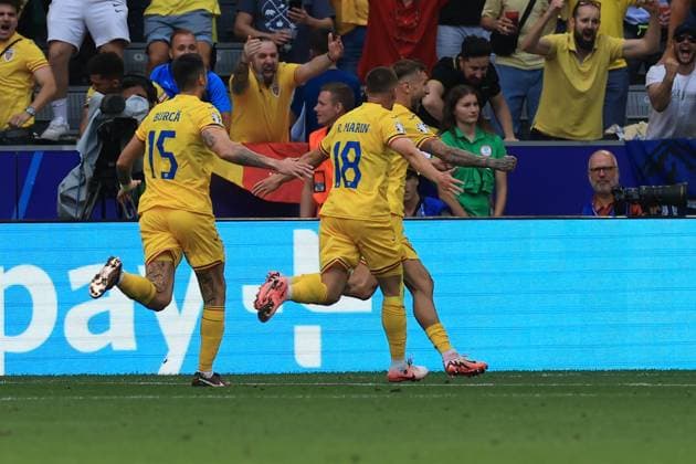 17th June 2024; Munich Football Arena, Munich, Germany; Euro 2024 Group E Football, Romania versus Ukraine; Dragu& x219;, (rom) celebrates as he scores for 3-0 in the 57th minute  ActionPlus12655815 PierrexTeyssot
