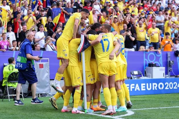 Soccer UEFA EURO 2024 Group Stage 1 Matchday Romania Ukraine on 17 06 2024 at Munich Football Arena in Munich Goal celebration for 3 0 by Denis Dragus Romania xMSx