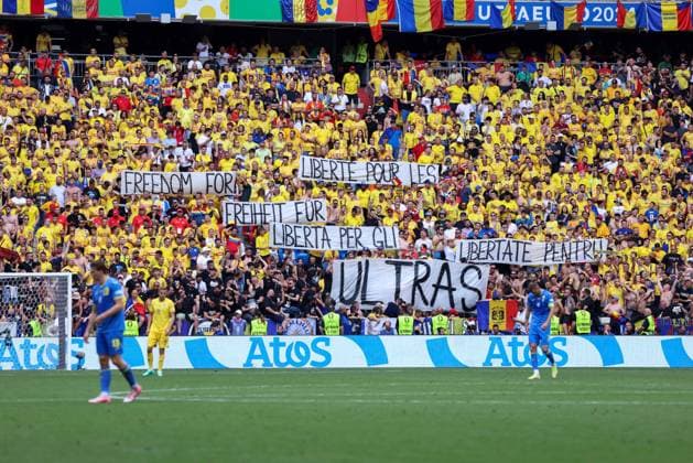 Soccer UEFA EURO 2024 group stage 1 matchday Romania Ukraine on 17 06 2024 at the Munich Football Arena in Munich banner banner in the Romania fan block xMSx