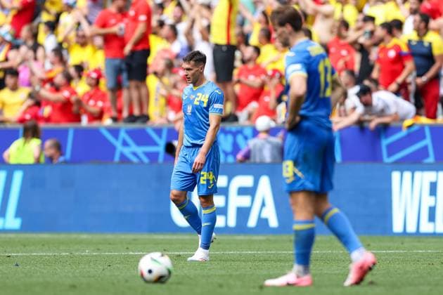 Soccer UEFA EURO 2024 Group Stage 1 Matchday Romania Ukraine on 17 06 2024 at Munich Football Arena in Munich Oleksandr Tymchyk Ukraine disappointed after losing match Defeat xMSx