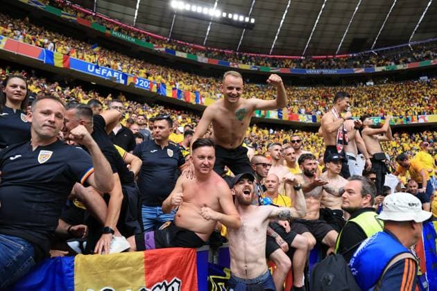 17th June 2024; Munich Football Arena, Munich, Germany; Euro 2024 Group E Football, Romania versus Ukraine; Romania s fans celebrate their win at full time  ActionPlus12655824 PierrexTeyssot