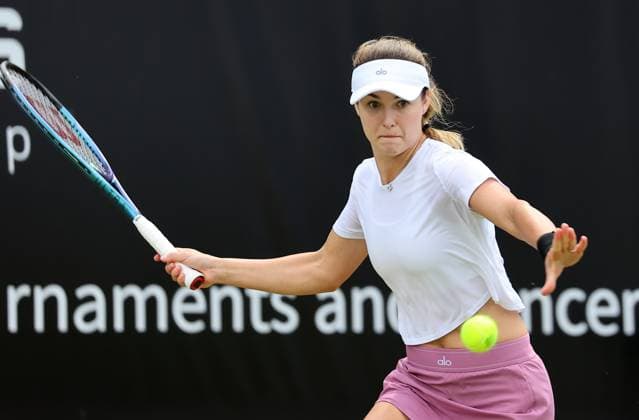 Berlin, 17 06 24, Tennis ecotrans Ladies Open Berlin at Steffi Graf Stadium Women, Singles, Hibino Japan Kalinskaya Russia Kalinskaya returns a ball ecotrans Ladies Open Berlin 2024