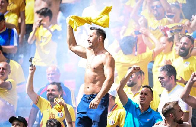 Football Euro 2024 Group E 17 06 2024 Romania Ukraine Romanian fans cheer after scoring 1 0