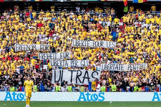 UEFA EURO 2024 Romania Ukraine 17 06 2024 Banner in the curve of the fans of Romania Freedom For Ultras UEFA EURO 2024 Romania Ukraine Munich Football Arena, Munich on 17 06 2024 Copyright: xBEAUTIFULxSPORTS Wunderlx