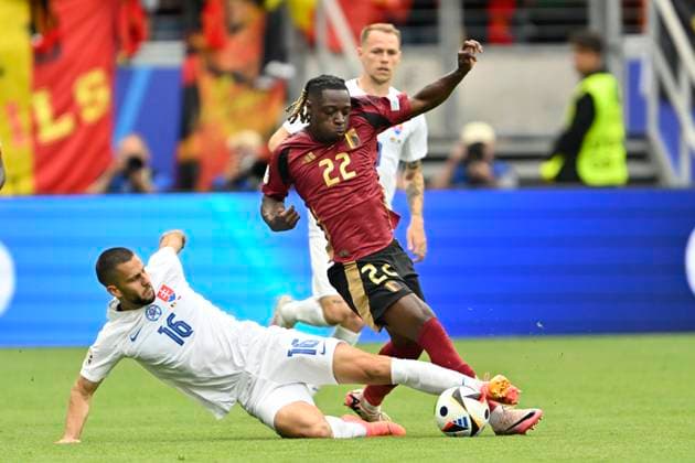 Belgium v Slovakia Group E - UEFA EURO, EM, Europameisterschaft,Fussball 2024 FRANKFURT AM MAIN, GERMANY - JUNE 17 : Doku Jeremy forward of Belgium during the UEFA EURO 2024 European Football Championship tournament group E stage match between Belgium and Slovakia at Frankfurt Arena on June 17, 2024 in Frankfurt am Main, Germany, 17 06 2024 Frankfurt am Main Germany  Copyright: xDhax