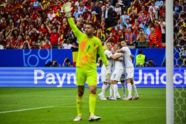 Slovakia s Ivan Schranz celebrates after scoring during a soccer game between Belgian national soccer team Red Devils and Slovakia, Monday 17 June 2024 in Frankfurt Am Main, Germany, the first match in the group stage of the UEFA EURO, EM, Europameisterschaft,Fussball 2024 European championships. DIRKxWAEM  x94745003x