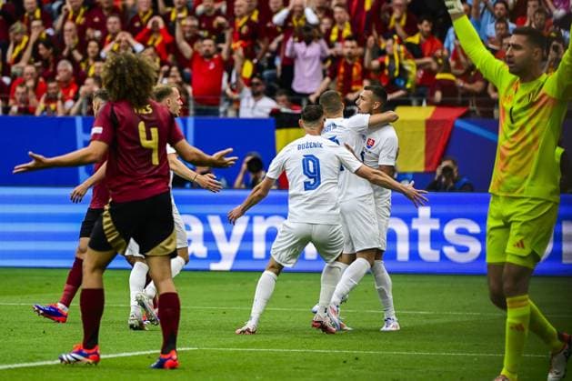 Slovakia s Ivan Schranz celebrates after scoring during a soccer game between Belgian national soccer team Red Devils and Slovakia, Monday 17 June 2024 in Frankfurt Am Main, Germany, the first match in the group stage of the UEFA EURO, EM, Europameisterschaft,Fussball 2024 European championships. DIRKxWAEM  x94745026x