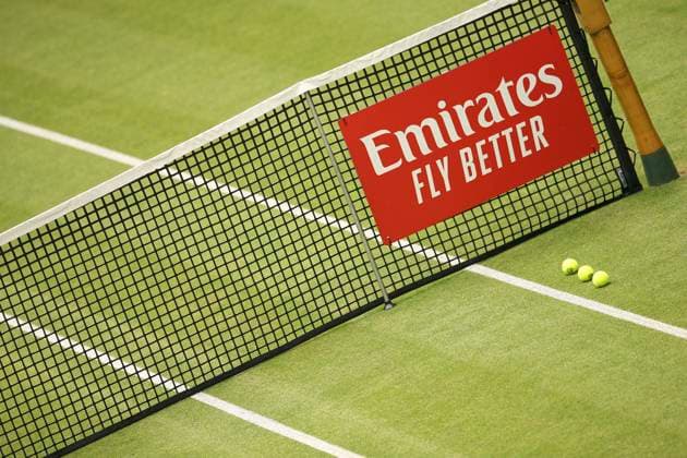 photo the ribbon the logo of tour sponsor Emirates shines in red and white in the net Tennis tournament Terra Wortmann Cup at Gerry Weber Sportpark OWL Arena in Halle Westfalen Mo 17 06 2024