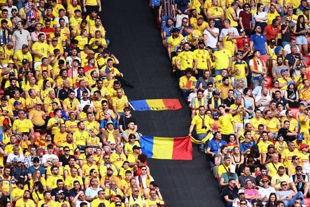 Fans of Romania Romania v Ukraine, UEFA European Championship, EM, Europameisterschaft 2024, Group E, Football, Munich Football Arena, Munich, Germany, 17 Jun 2024 EDITORIAL USE ONLY No use with unauthorised audio, video, data, fixture lists, club league logos or live services. Online in-match use limited to 120 images, no video emulation. No use in betting, games or single club league player publications. Copyright: xMichaelxZemanek Shutterstockx 14539636ec