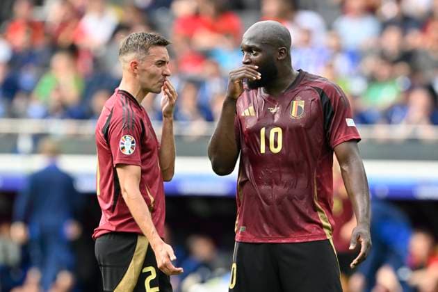 Belgium v Slovakia Group E - UEFA EURO, EM, Europameisterschaft,Fussball 2024 FRANKFURT AM MAIN, GERMANY - JUNE 17 : Castagne Timothy defender of Belgium and Lukaku Romelu forward of Belgium during the UEFA EURO 2024 European Football Championship tournament group E stage match between Belgium and Slovakia at Frankfurt Arena on June 17, 2024 in Frankfurt am Main, Germany, 17 06 2024 Frankfurt am Main Germany  Copyright: xDhax