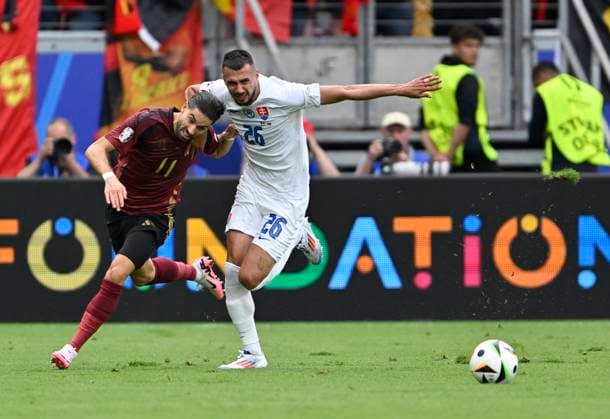 Belgium v Slovakia Group E - UEFA EURO, EM, Europameisterschaft,Fussball 2024 FRANKFURT AM MAIN, GERMANY - JUNE 17 : Carrasco Yannick forward of Belgium and Ivan Schranz forward of Slovakia during the UEFA EURO 2024 European Football Championship tournament group E stage match between Belgium and Slovakia at Frankfurt Arena on June 17, 2024 in Frankfurt am Main, Germany, 17 06 2024 Frankfurt am Main Germany  Copyright: xDhax