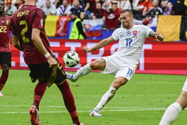 Slovakia s Lukas Haraslin pictured in action during a soccer game between Belgian national soccer team Red Devils and Slovakia, Monday 17 June 2024 in Frankfurt Am Main, Germany, the first match in the group stage of the UEFA EURO, EM, Europameisterschaft,Fussball 2024 European championships. DIRKxWAEM  x94746496x