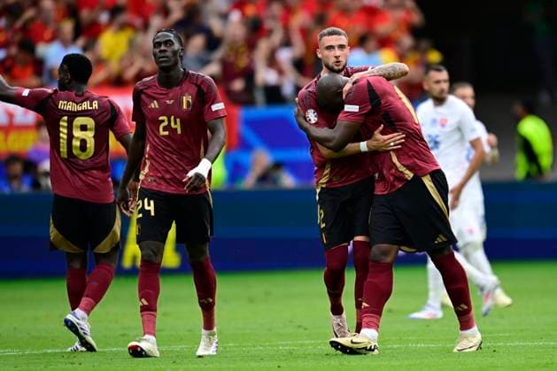 Belgium v Slovakia Group E - UEFA EURO, EM, Europameisterschaft,Fussball 2024 FRANKFURT AM MAIN, GERMANY - JUNE 17 : Lukaku Romelu forward of Belgium celebrates scoring a penalty but sees it being cancelled by the VAR for off-side during the UEFA EURO 2024 European Football Championship tournament group E stage match between Belgium and Slovakia at Frankfurt Arena on June 17, 2024 in Frankfurt am Main, Germany, 17 06 2024 Frankfurt am Main Germany  Copyright: xPeterxDexVoechtx